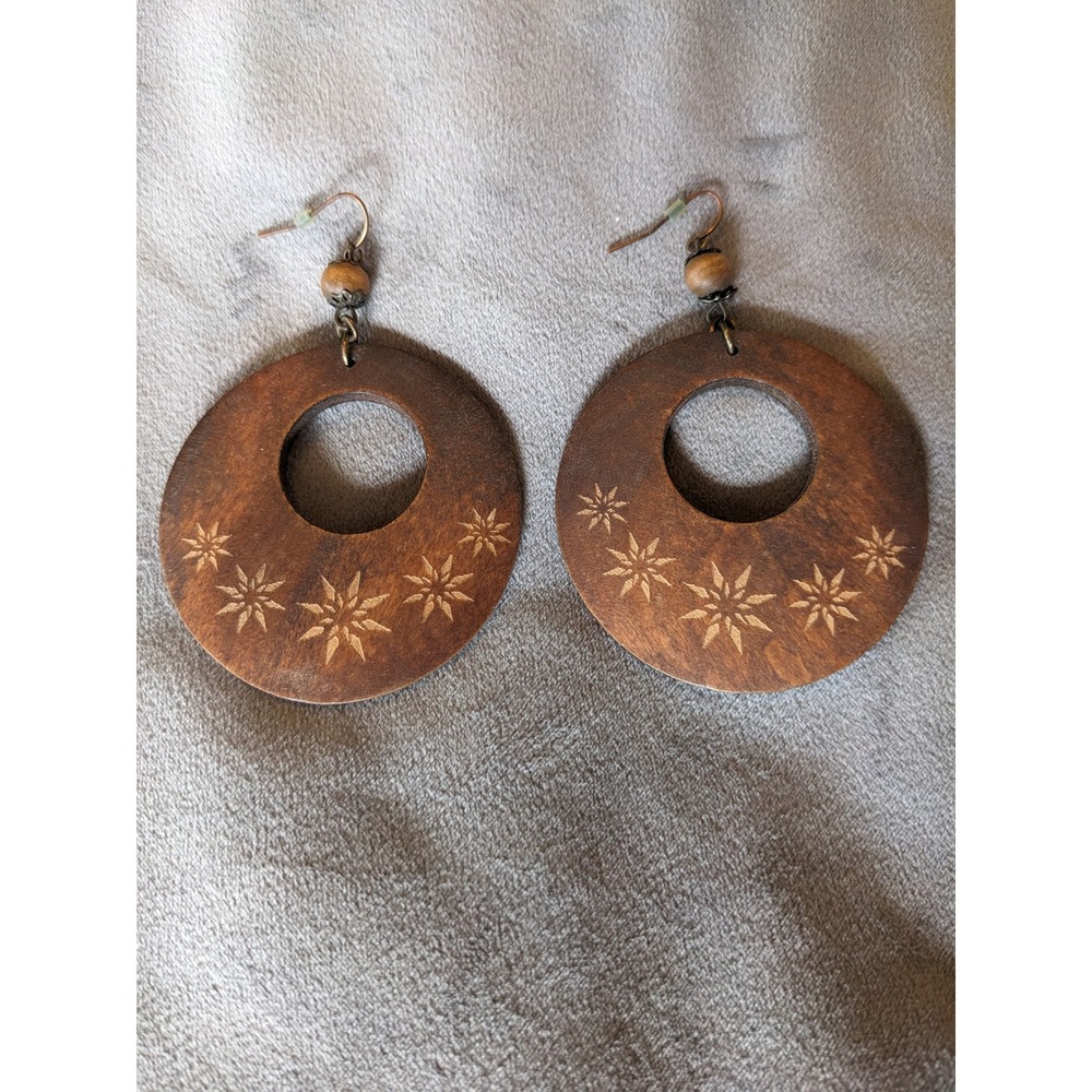 Vintage Wooden Hoop Dangle Earrings Large 90s Y2K Boho Starburst Unbranded
